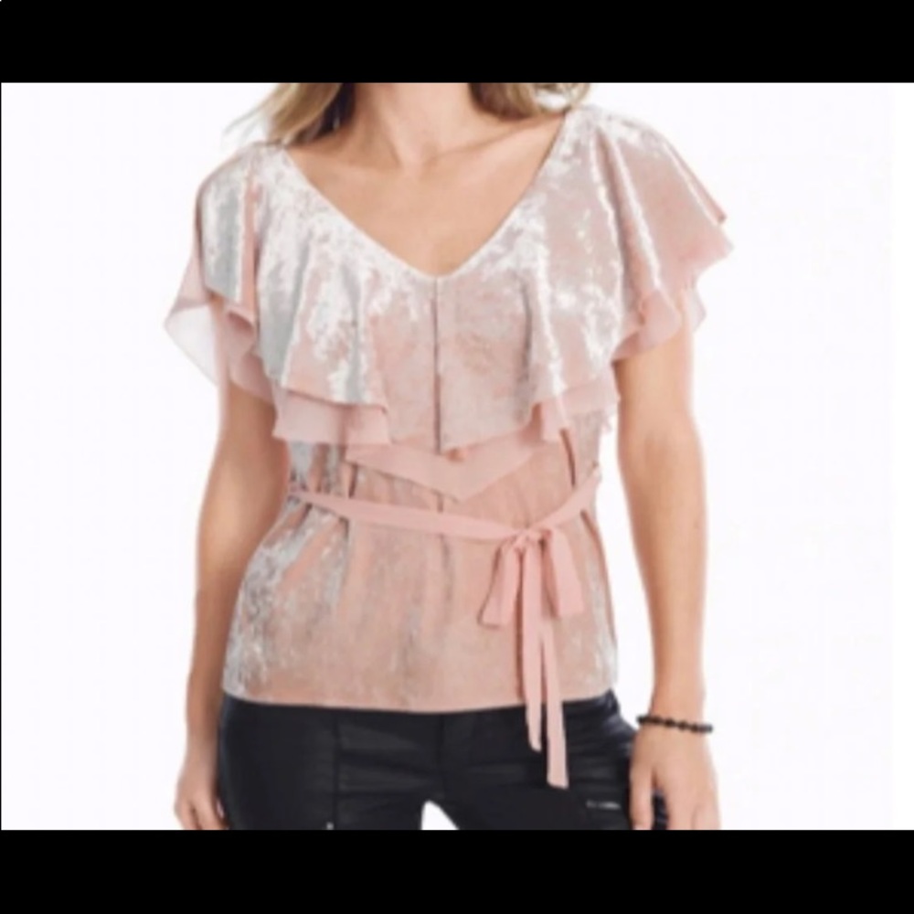White House Black Market Pink Stretch Ruffle V-Neck Blouse Large